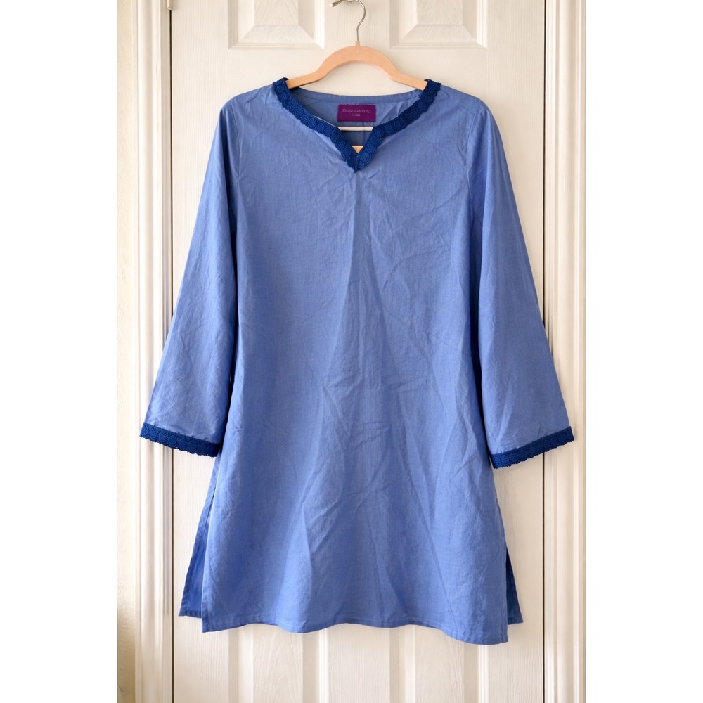 Sana Safinaz‎ Blue Tunic Top Embroidered V Neck Long Sleeve Cotton L